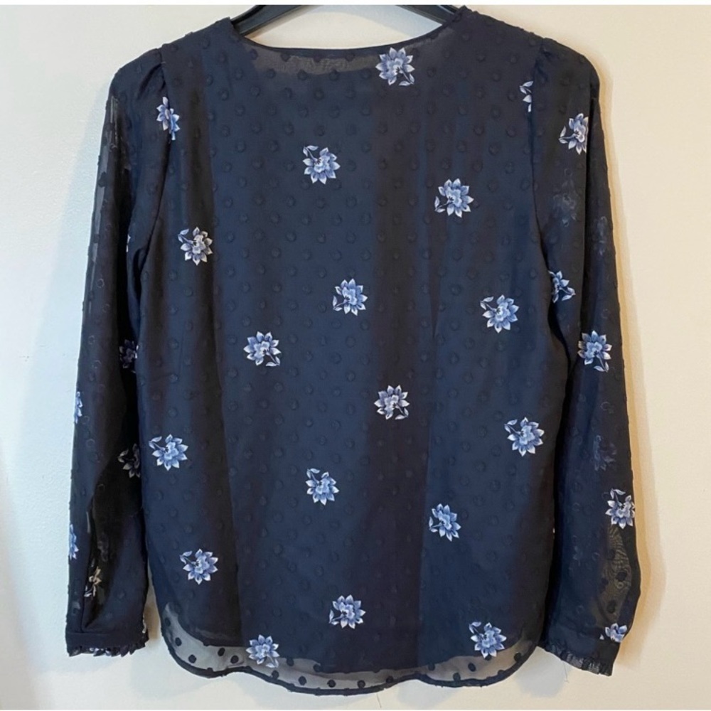 LOFT Navy Blue Sheer V-neck long sleeve Blouse with Light Blue Floral Pattern - Picture 2 of 8
